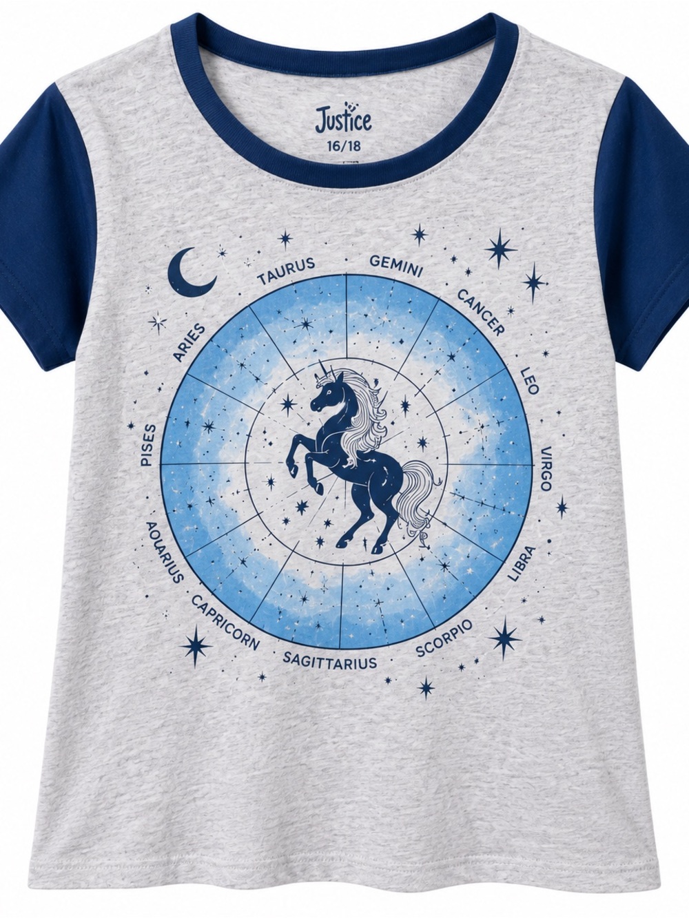 Justice Girls Graphic T-Shirt Size 16/18 Gray Blue Short Sleeve Tee